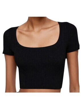 Aritzia Babaton Sculpt Knit Scoop Neck Crop Top Black S